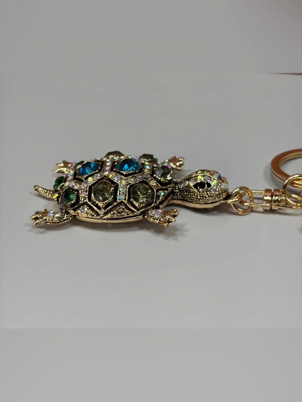 Sparkling Gold Turtle Keychain with Blue & Green Stones